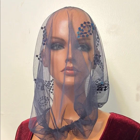 Elegant Blue Veil with Sequin Details Hood Headpiece Church  display picture 3